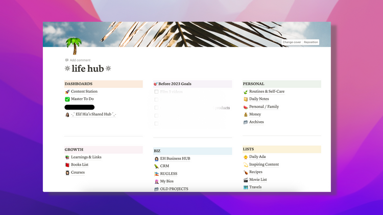 System of documentation in Notion - snapshot of a personal dashboard